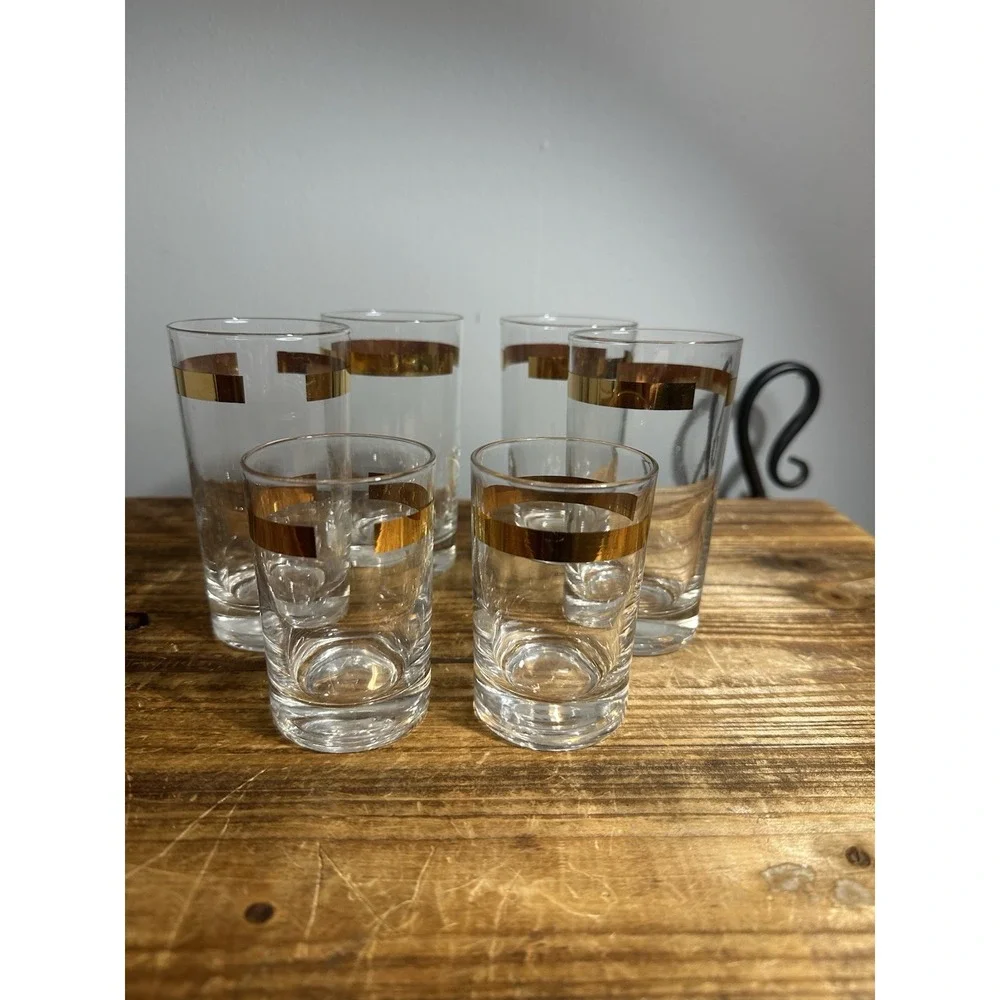 Vintage MCM Tumbler Water Juice Glass with Gold Band Set 2- 3.5